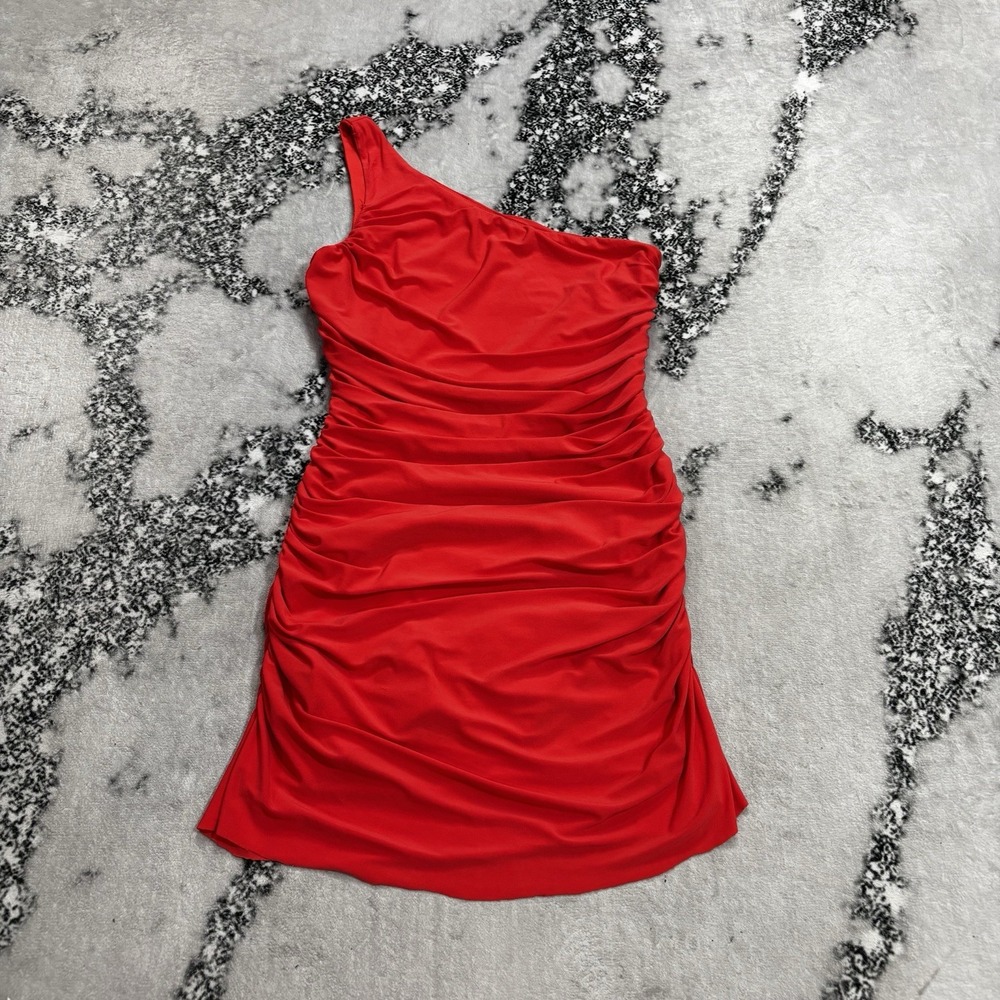 Belle Badgley Mischka One Shoulder Ruched Cocktail Dress Size 4 Red Mini